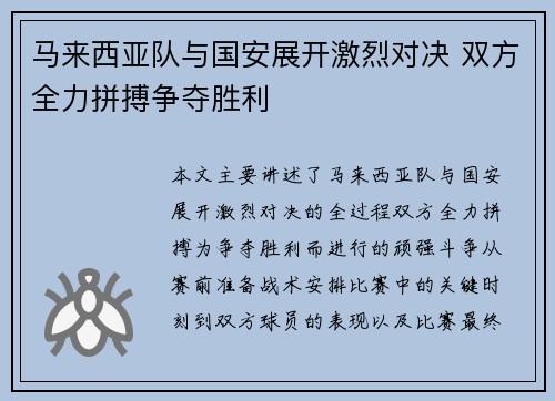 马来西亚队与国安展开激烈对决 双方全力拼搏争夺胜利
